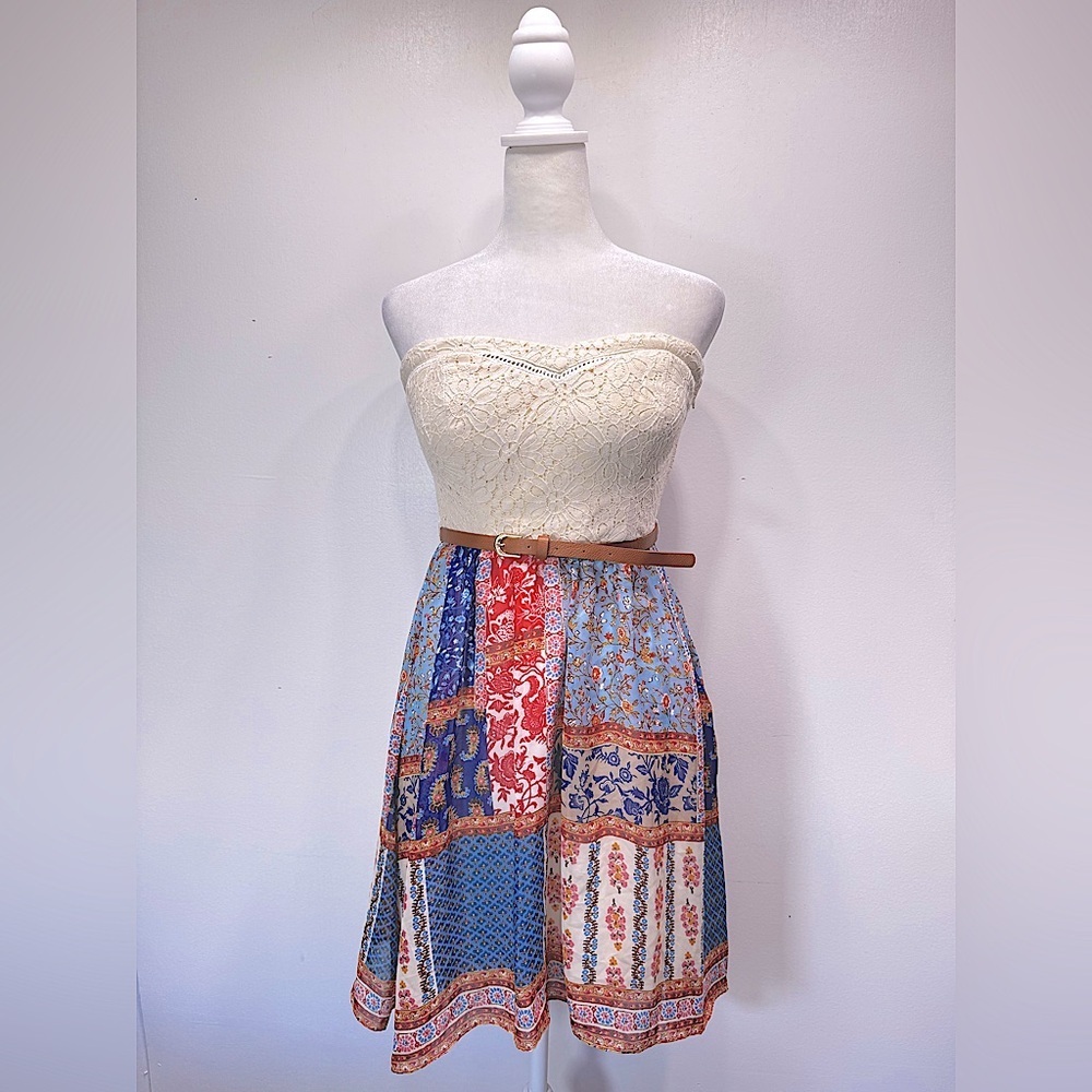 Western Boho Strapless Mini Dress Lace Bodice Patchwork Skirt Belted Cowgirl